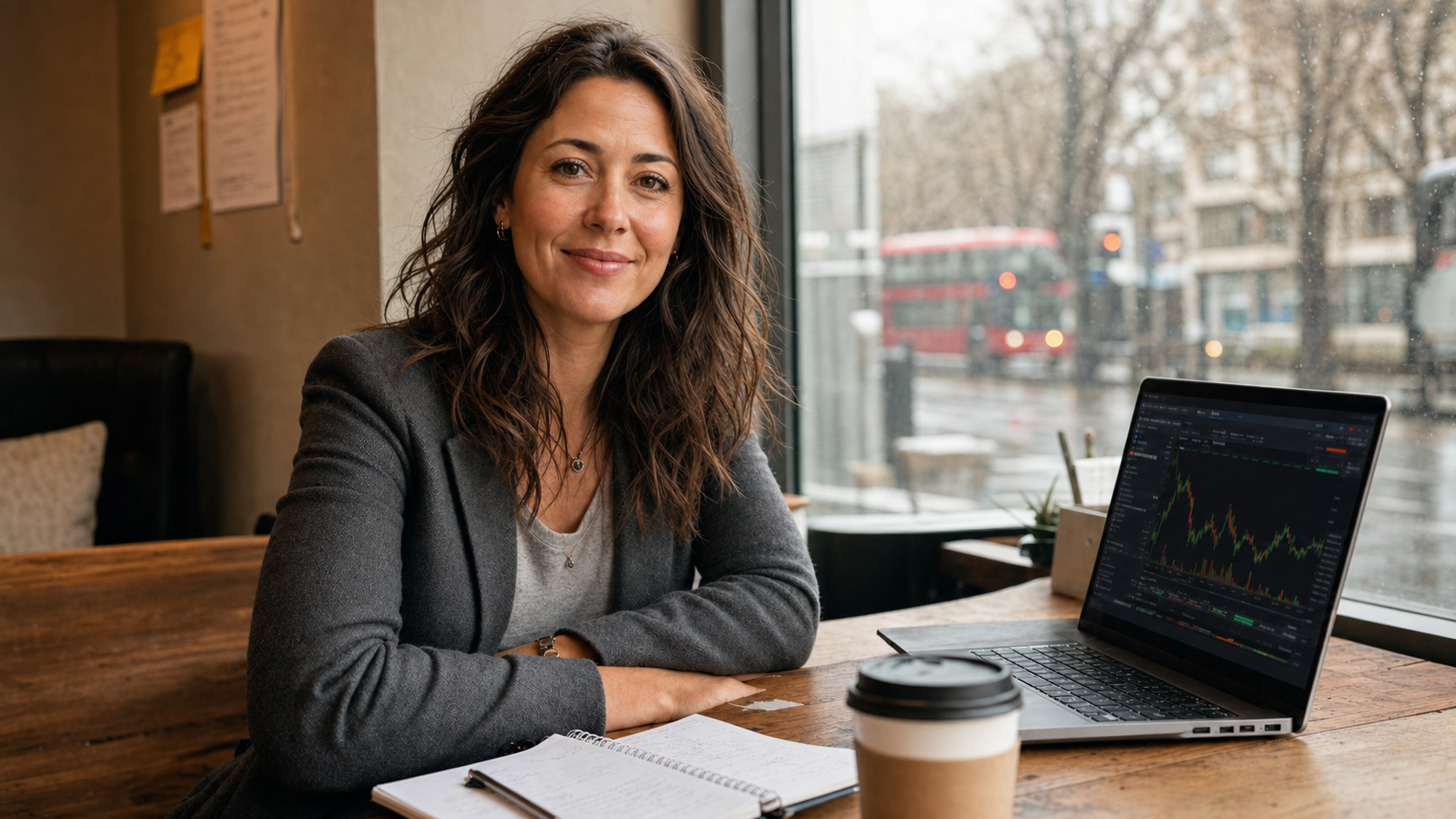 Sarah Whitmore smiling in a warm London coworking lounge with a trading dashboard open beside her