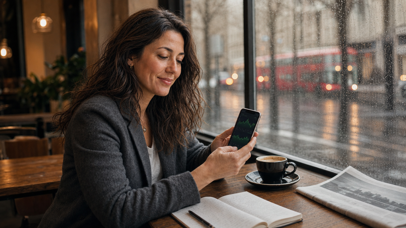 Sarah Whitmore checking a trading dashboard on her phone in a London cafe